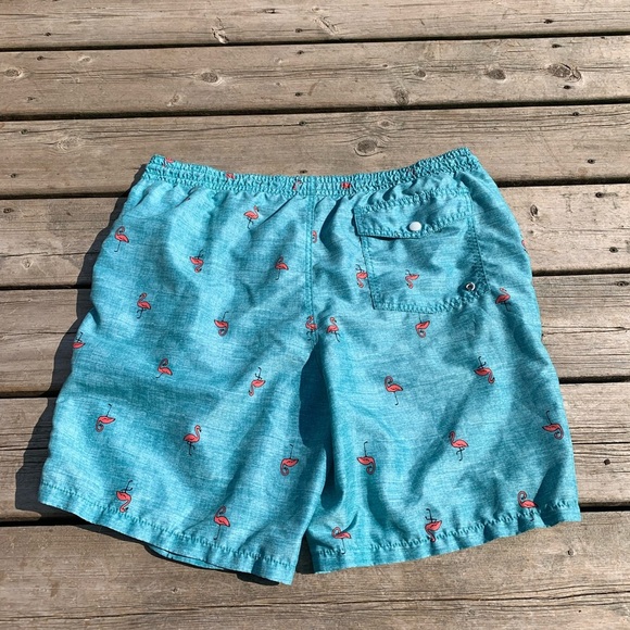 💙 Old Navy Men's L/G Teal Flamingo Print Swim Trunks | Board Shorts - Picture 2 of 6